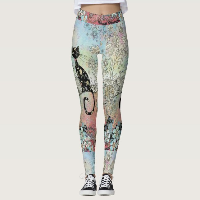 Floral springtime paisley cat silhouette leggings (Front)