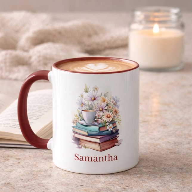 Floral Stacked Books Personalized Burgundy Handle Mug (Creator Uploaded)