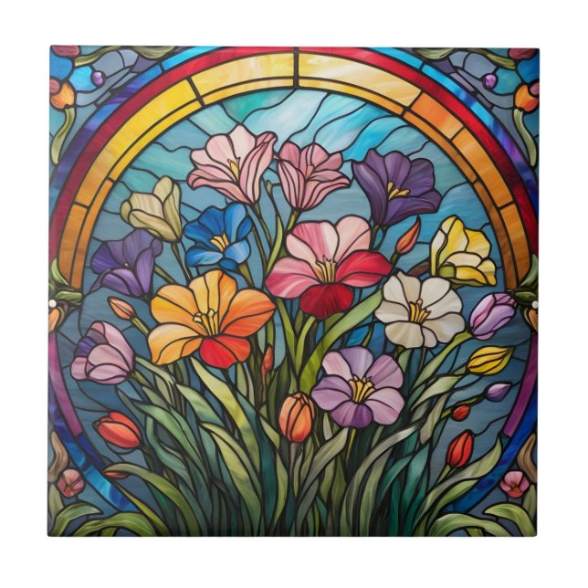 Floral stained glass ceramic tile (Front)