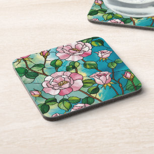 Floral Stained Glass Effect Pink Flowers Botanical Coaster