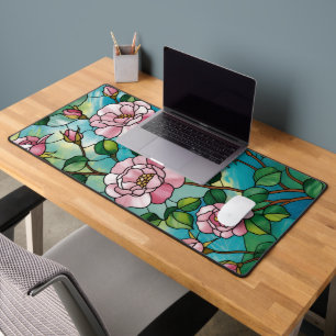 Floral Stained Glass Effect Pink Flowers Botanical Desk Mat