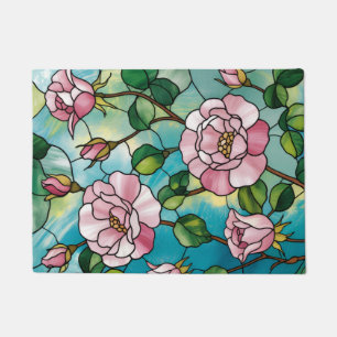 Floral Stained Glass Effect Pink Flowers Botanical Doormat
