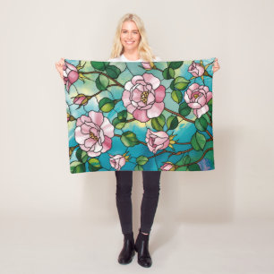 Floral Stained Glass Effect Pink Flowers Botanical Fleece Blanket
