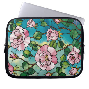 Floral Stained Glass Effect Pink Flowers Botanical Laptop Sleeve
