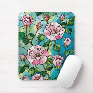 Floral Stained Glass Effect Pink Flowers Botanical Mouse Pad