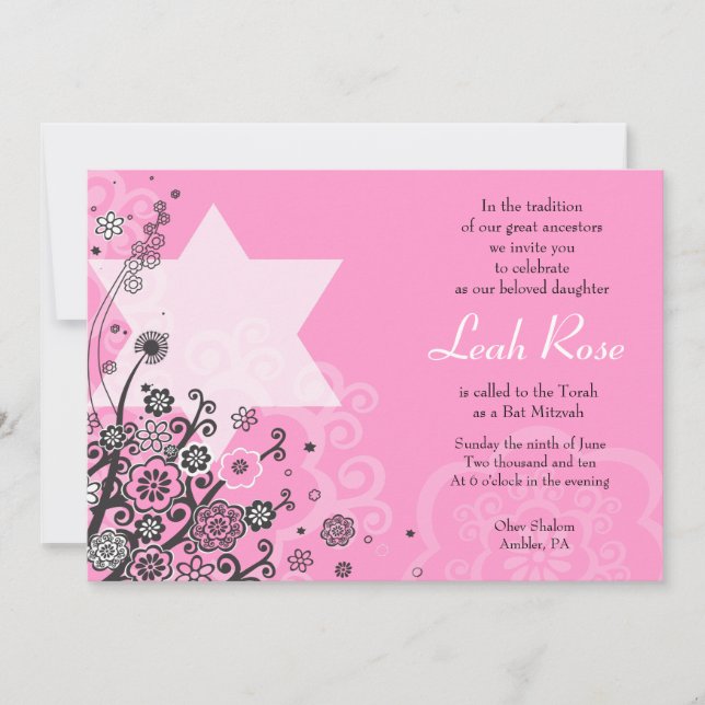 Floral Star of David Bat Mitzvah Invitation Pink (Front)