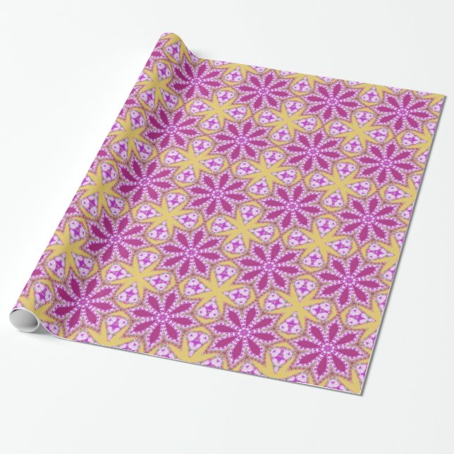 Floral stars fuchsia pink yellow pattern giftpaper wrapping paper (Unrolled)