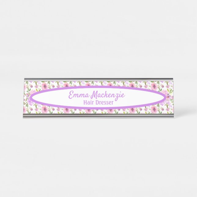 Floral Station Purple Pink Flowers Desk Sign (Front)