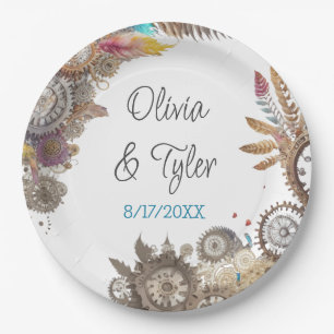 Floral Steampunk Wedding Date and Names Paper Plate