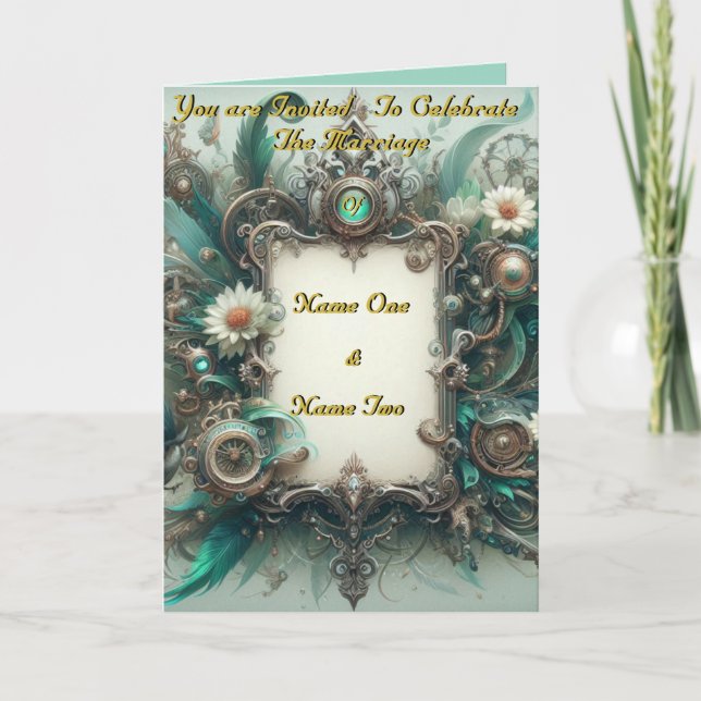 Floral Steampunk Wedding Green and Silver Invitation (Front)