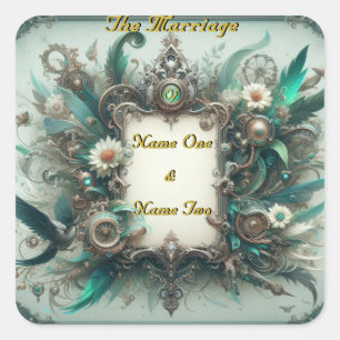 Floral Steampunk Wedding Green and Silver  Square Sticker