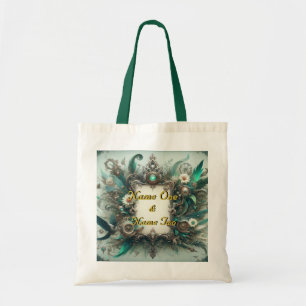 Floral Steampunk Wedding Green and Silver Tote Bag