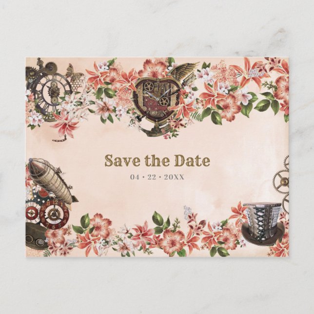 Floral Steampunk Wedding Save the Date Postcard (Front)