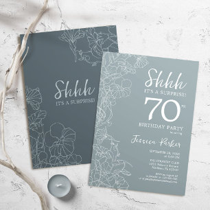 Floral Steel Blue Botanical Surprise 70th Birthday Invitation