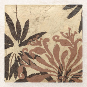 Floral Stencil Design with Tawny Leaves Glass Coaster