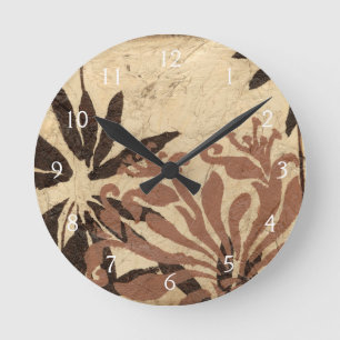 Floral Stencil Design with Tawny Leaves Round Clock