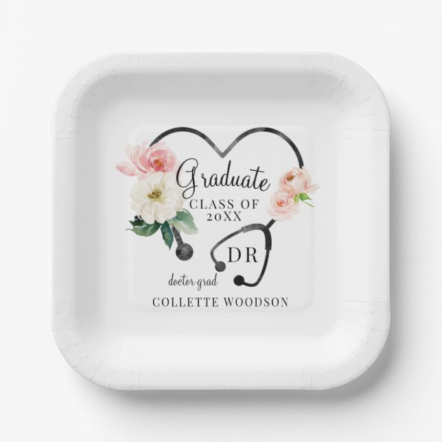 Floral Stethoscope Doctor Grad Graduation Party Paper Plate (Front)