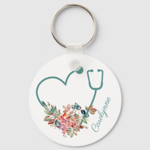 Floral Stethoscope Heart Caregiver Nurse Doctor Key Ring