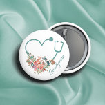 Floral Stethoscope Heart Medical Nurse Caregiver 6 Cm Round Badge<br><div class="desc">Modern Floral Stethoscope Heart Caregiver, Nurse, or Doctor Button with your name, featuring a modern turquoise teal stethoscope shaped like a heart and surrounded by pretty, feminine florals in shades of blush pink, beige, cream, and sage green. Perfect for saying thank you to the medical professional who helped you or...</div>