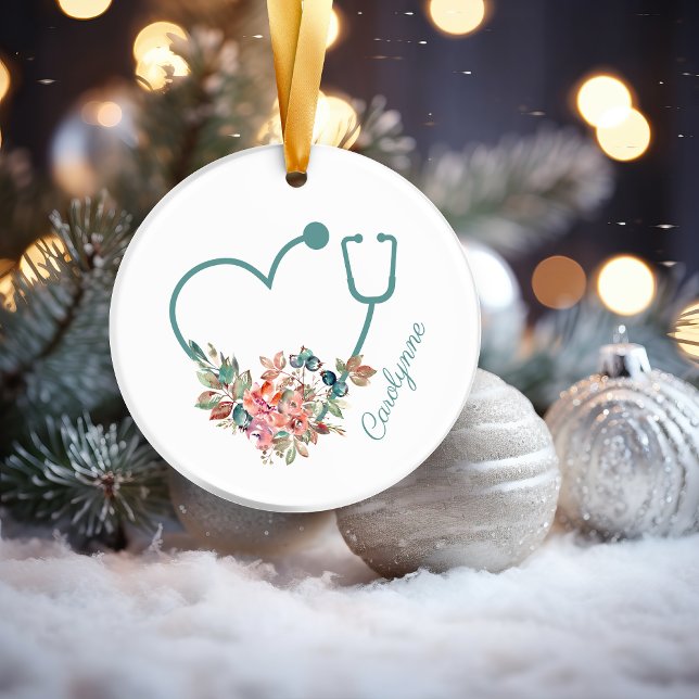Floral Stethoscope Heart Medical Nurse Caregiver Ceramic Ornament (Teal Turquoise Floral Stethoscope Heart Medical Nurse Caregiver Ceramic Ornament)
