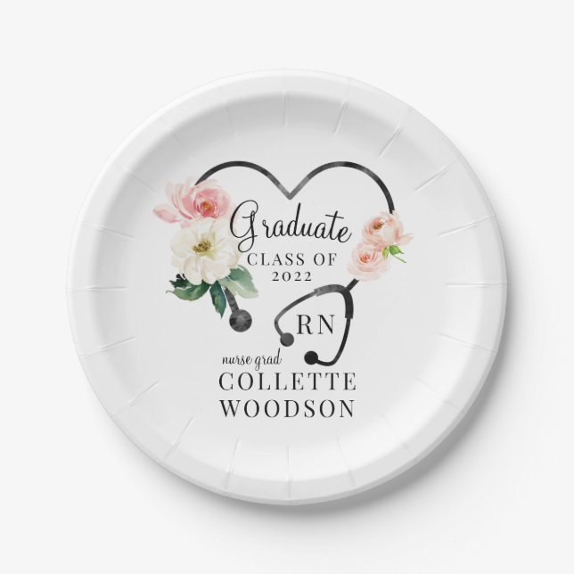 Floral Stethoscope Nurse Grad Class 2022 Party Paper Plate (Front)