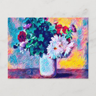 Floral still life, fall chrysanthemums in a white  postcard