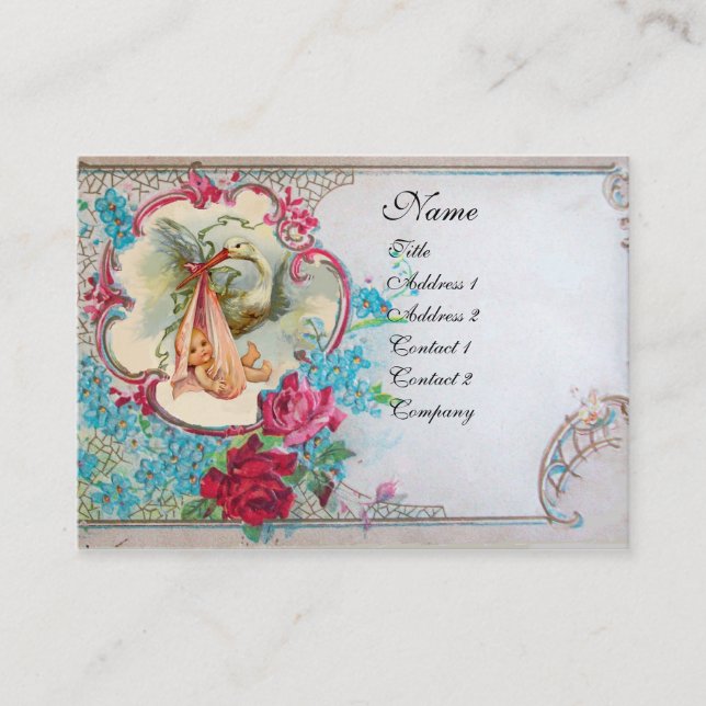 FLORAL STORK BABY SHOWER WITH ROSES MONOGRAM BUSINESS CARD (Front)