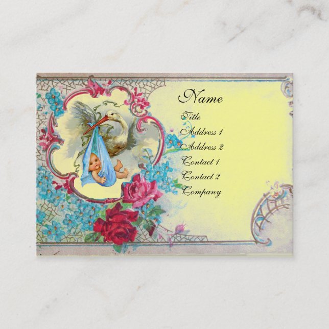 FLORAL STORK BABY SHOWER WITH ROSES MONOGRAM BUSINESS CARD (Front)