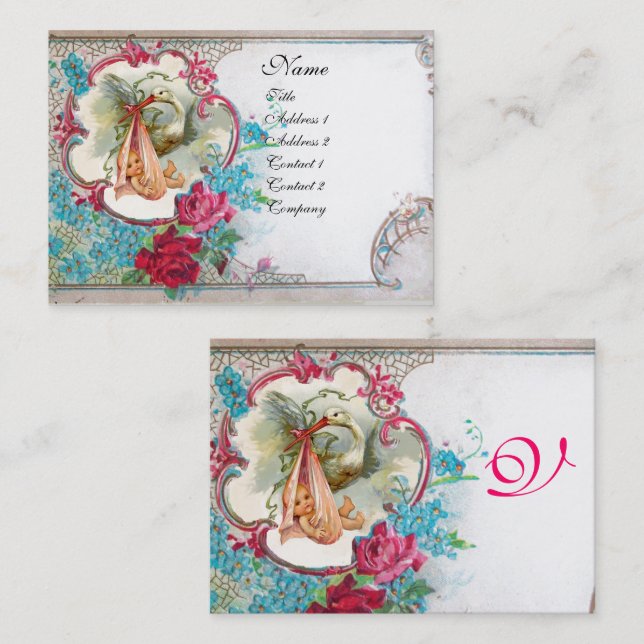 FLORAL STORK BABY SHOWER WITH ROSES MONOGRAM BUSINESS CARD (Front/Back)