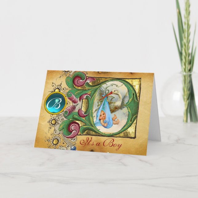 FLORAL STORK BOY BABY SHOWER BLUE GEM MONOGRAM INVITATION (Front)