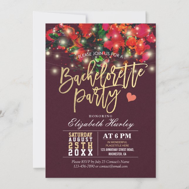 Floral String Light Gold Script Bachelorette Party Invitation (Front)