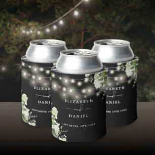 Floral String Lights Black And White Wedding Can Cooler