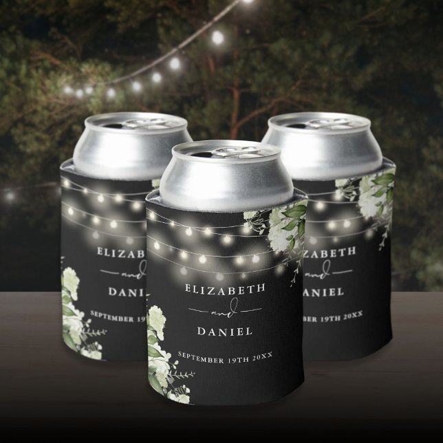 Floral String Lights Black And White Wedding Can Cooler (Floral String Lights Black And White Wedding Can Cooler)