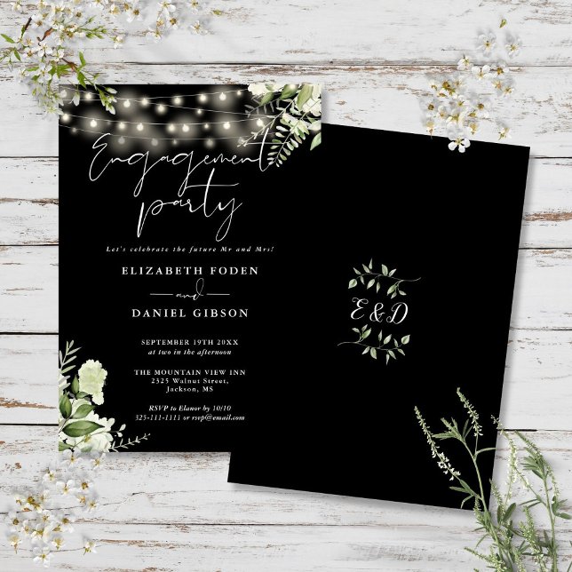 Floral String Lights Black White Engagement Party Invitation (Floral String Lights Black White Engagement Party Invitation)