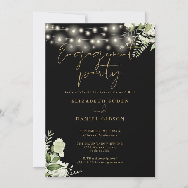 Floral String Lights Gold Black Engagement Party Invitation (Front)