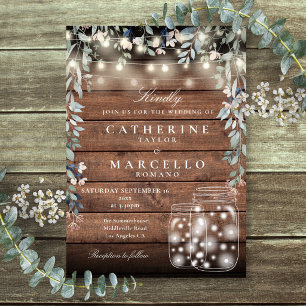 Floral String Lights Mason Jar Rustic Wood Wedding Invitation