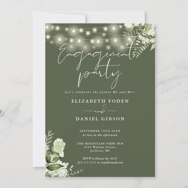 Floral String Lights Olive Green Engagement Party Invitation (Front)