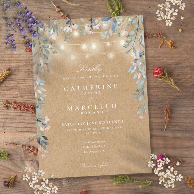 Floral String Lights Rustic Kraft Wedding Invitation (Floral String Lights Rustic Kraft Wedding Invitation)