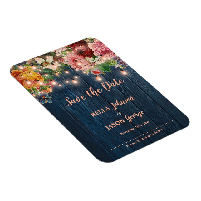 Floral String Lights Rustic Wedding Save The Date Magnet (Right Side)