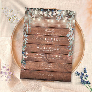 Floral String Lights Rustic Wood Wedding Invitation