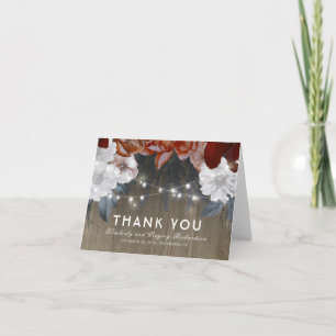 Floral String Lights Rustic Wood Wedding Thank You Card