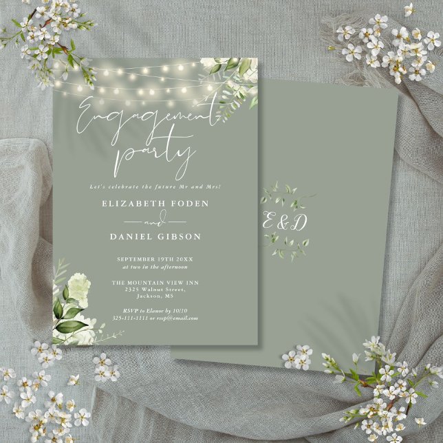 Floral String Lights Sage Green Engagement Party Invitation (Floral String Lights Sage Green Engagement Party Invitation)