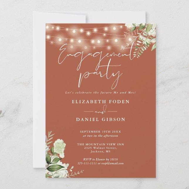 Floral String Lights Terracotta Engagement Party Invitation (Front)