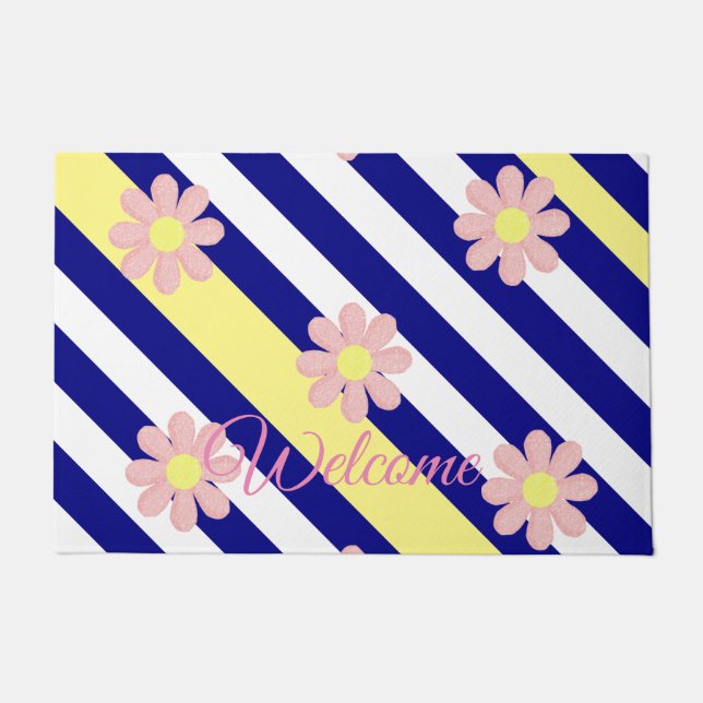 Floral Stripe Blue Pink Flowers Door Mat (Front)