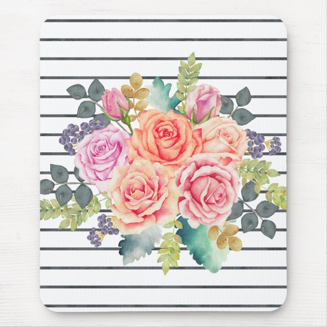 Floral Stripe Pattern Trendy Rose Mouse Pad (Front)