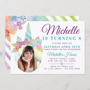 Floral & Stripe Unicorn Photo Birthday Invitation