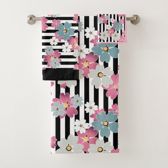 Floral, striped bath towel set (Insitu)