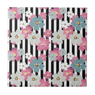Floral, striped ceramic tile