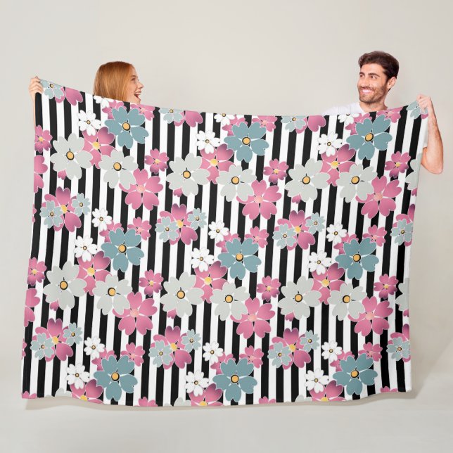 Floral, striped fleece blanket (In Situ)