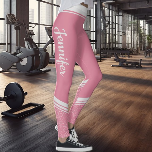 Floral striped modern girly pink with name leggings (Creator Uploaded)